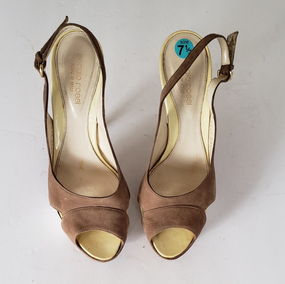 SERGIO ROSSI BROWN/CREAM‎ HEELS..SIZE 7